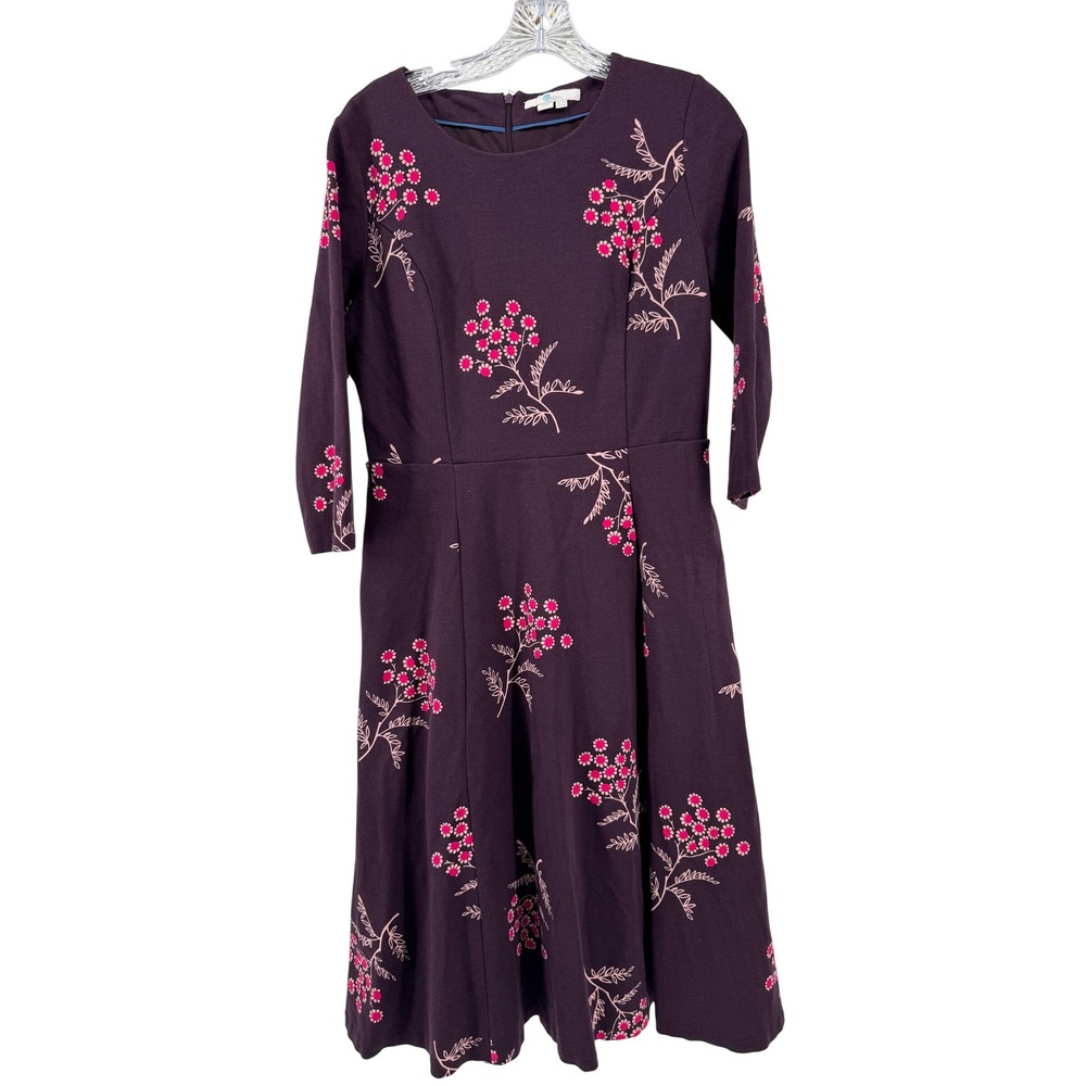 Boden Floral Embroidered Midi Dress Womens 10P Purple Pink Fit Flare Pockets